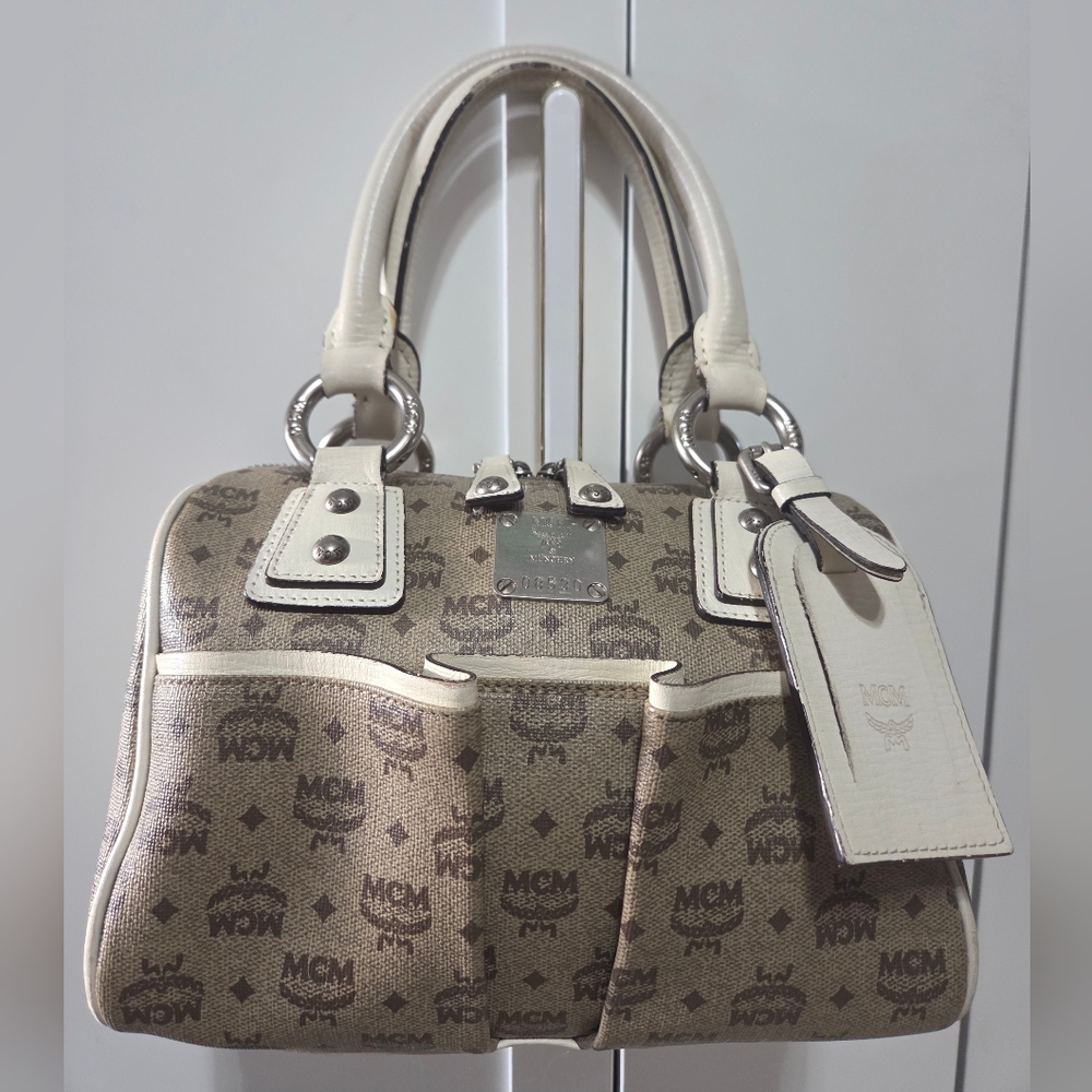 MCM Brown Monogram Satchel with Cream Trim